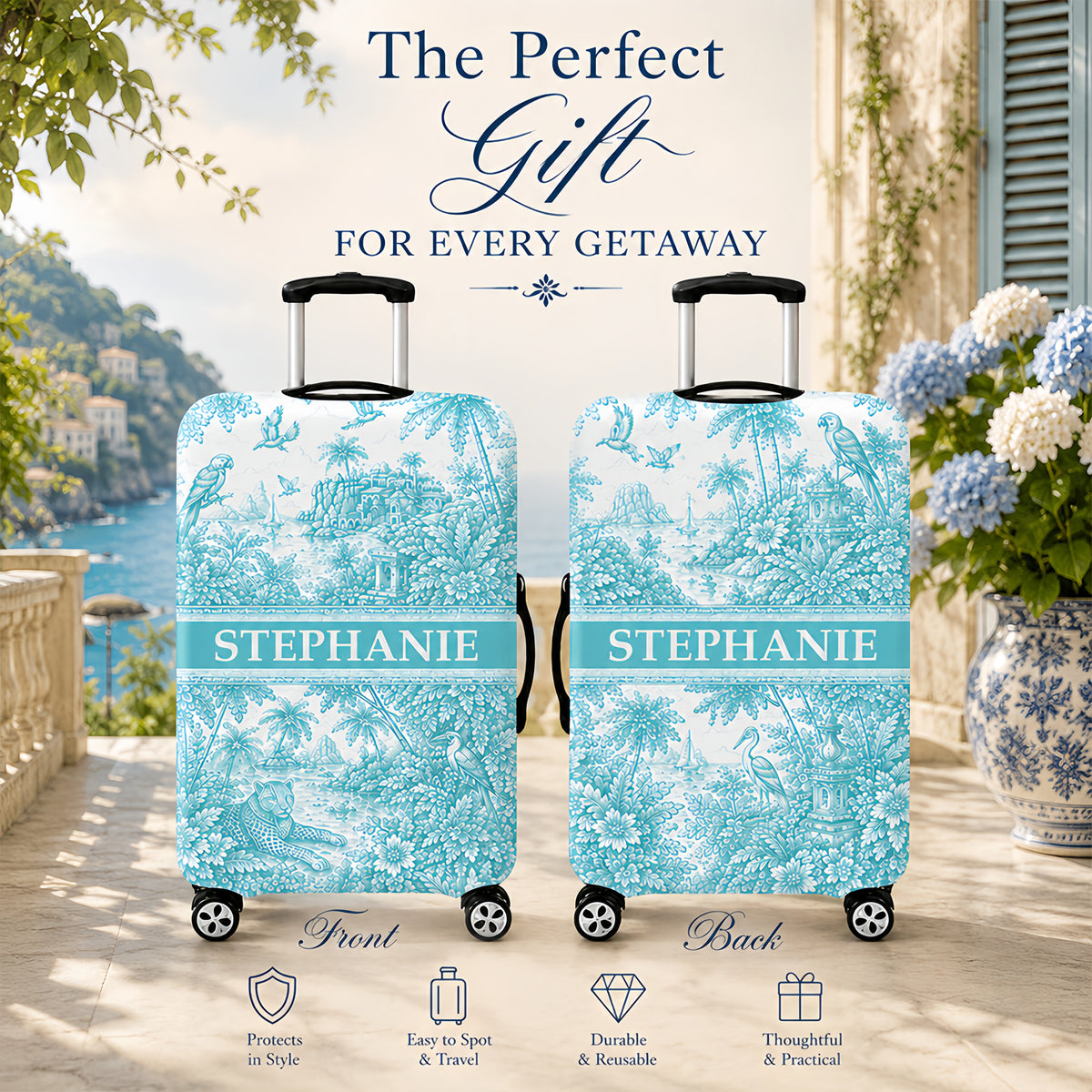 French Riviera Collection & Toile De Jouy Pattern Aquamarina - Personalized Luggage Cover-Myprintsy
