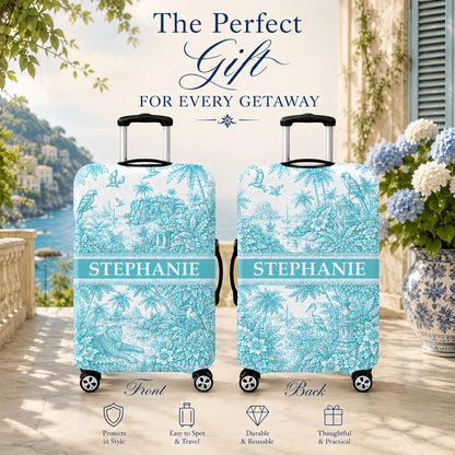 French Riviera Collection & Toile De Jouy Pattern Aquamarina - Personalized Luggage Cover-Myprintsy