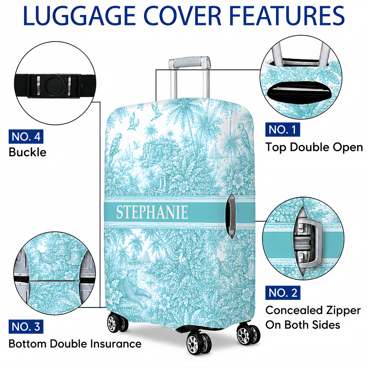French Riviera Collection & Toile De Jouy Pattern Aquamarina - Personalized Luggage Cover-Myprintsy