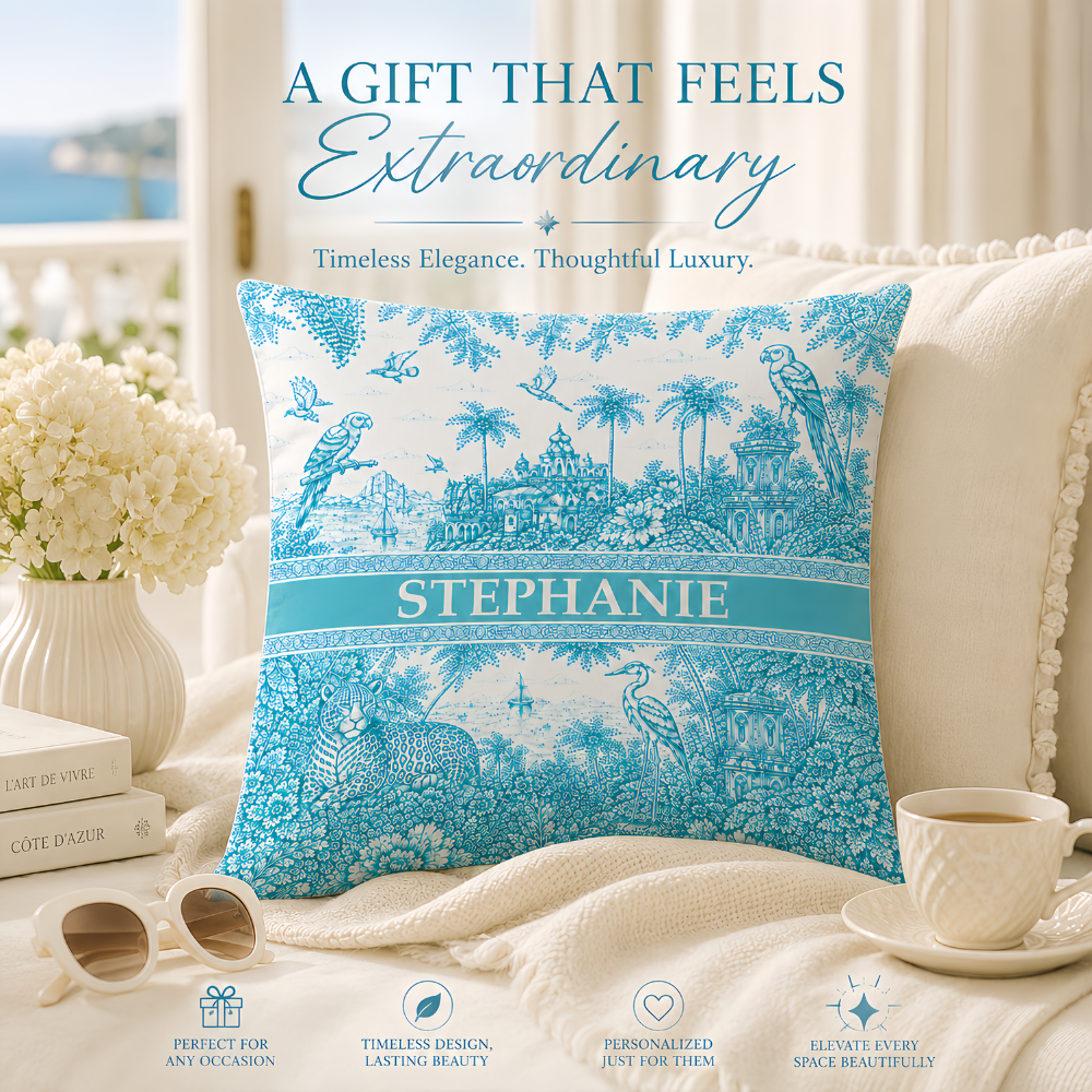 French Riviera Collection & Toile De Jouy Pattern Aquamarina - Personalized Pillow - Decorative Pillows For Couch-Myprintsy