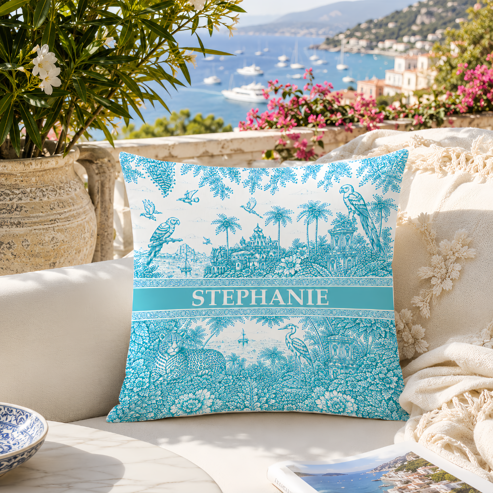 French Riviera Collection & Toile De Jouy Pattern Aquamarina - Personalized Pillow - Decorative Pillows For Couch-Myprintsy