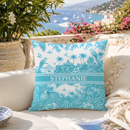 French Riviera Collection & Toile De Jouy Pattern Aquamarina - Personalized Pillow - Decorative Pillows For Couch-Myprintsy