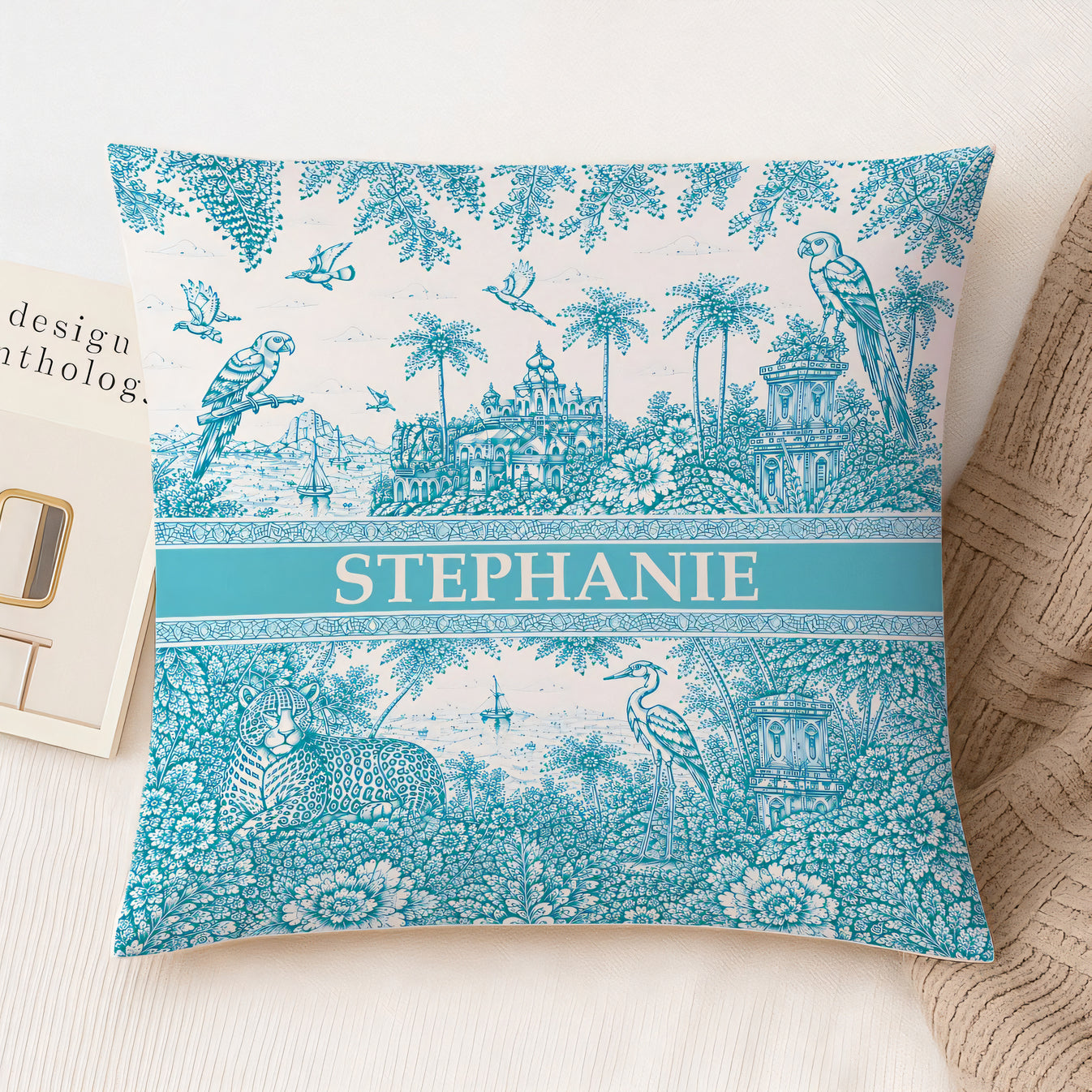French Riviera Collection & Toile De Jouy Pattern Aquamarina - Personalized Pillow - Decorative Pillows For Couch-Myprintsy