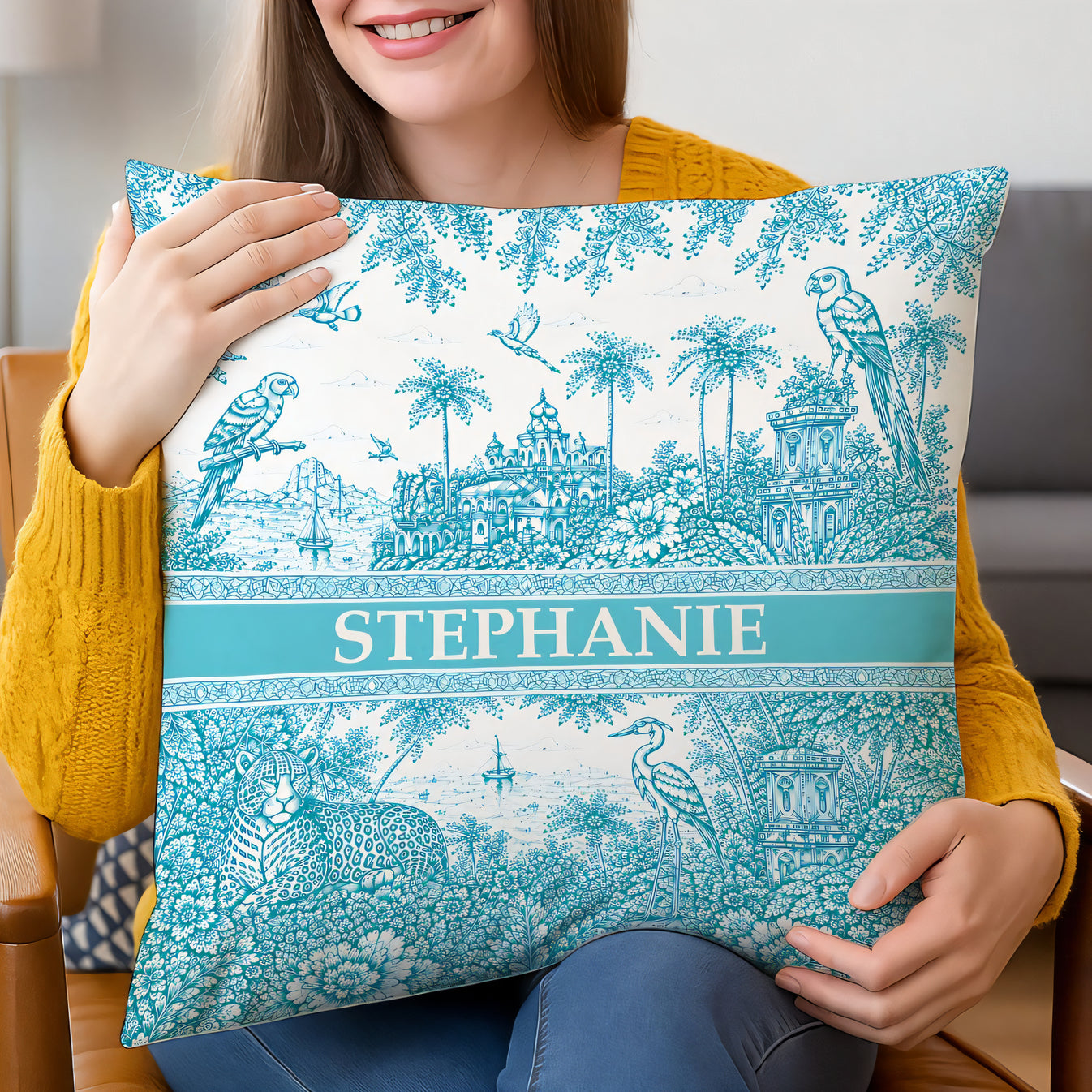 French Riviera Collection & Toile De Jouy Pattern Aquamarina - Personalized Pillow - Decorative Pillows For Couch-Myprintsy