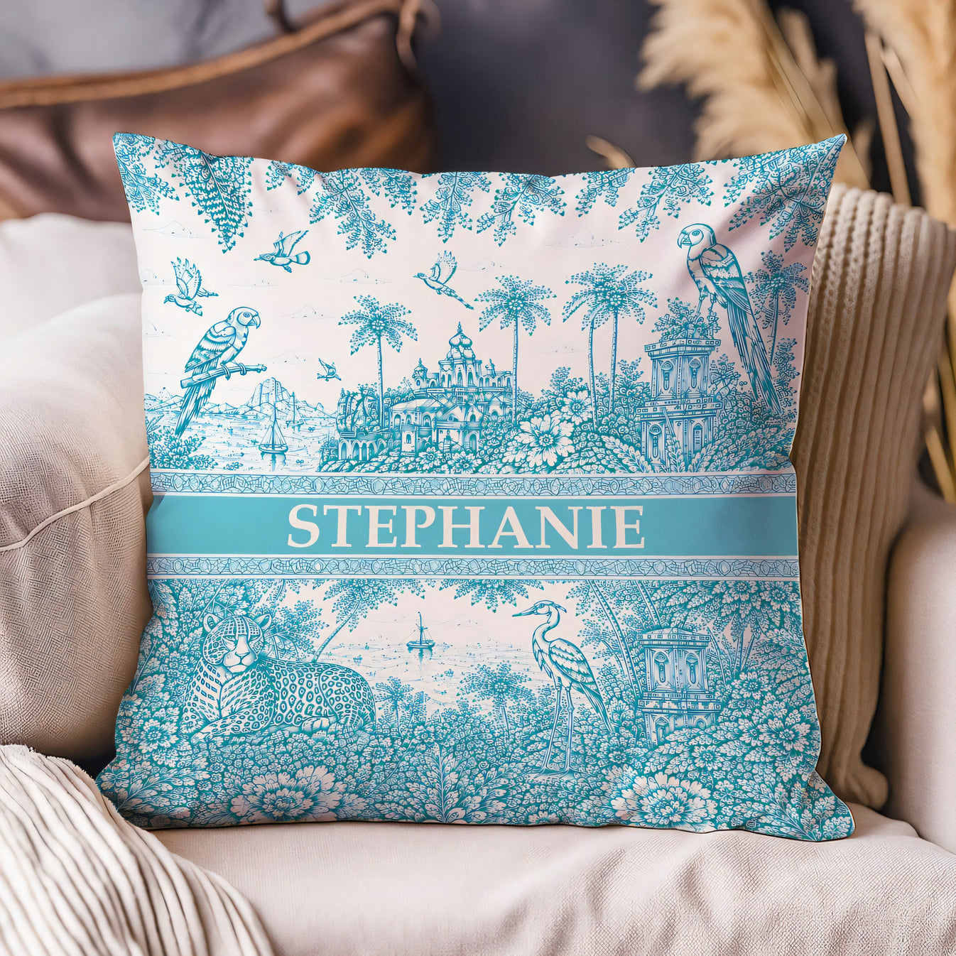 French Riviera Collection & Toile De Jouy Pattern Aquamarina - Personalized Pillow - Decorative Pillows For Couch-Myprintsy