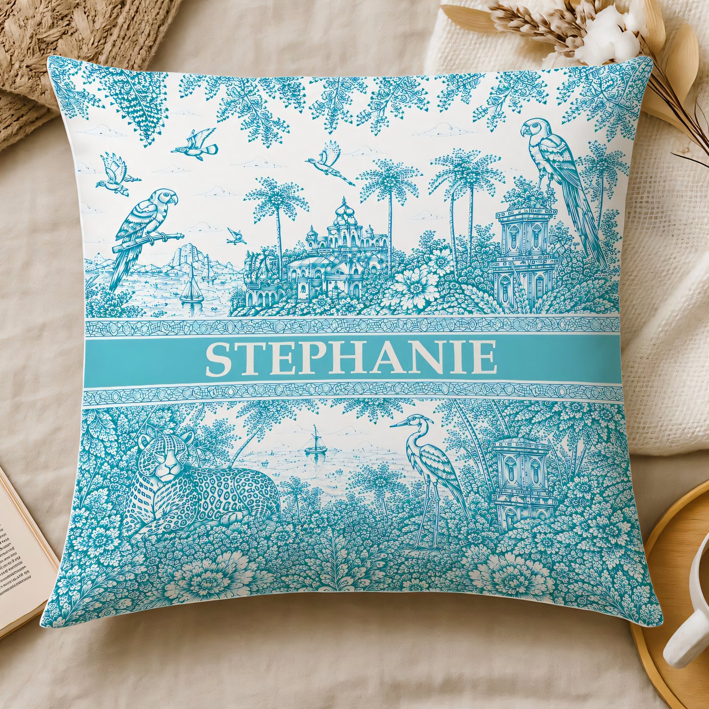French Riviera Collection & Toile De Jouy Pattern Aquamarina - Personalized Pillow - Decorative Pillows For Couch-Myprintsy