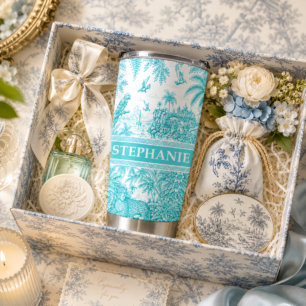 French Riviera Collection & Toile De Jouy Pattern Aquamarina - Personalized Travellling Tumbler Cup-Myprintsy
