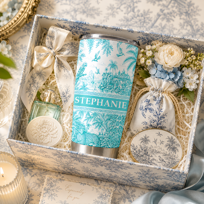 French Riviera Collection & Toile De Jouy Pattern Aquamarina - Personalized Travellling Tumbler Cup-Myprintsy