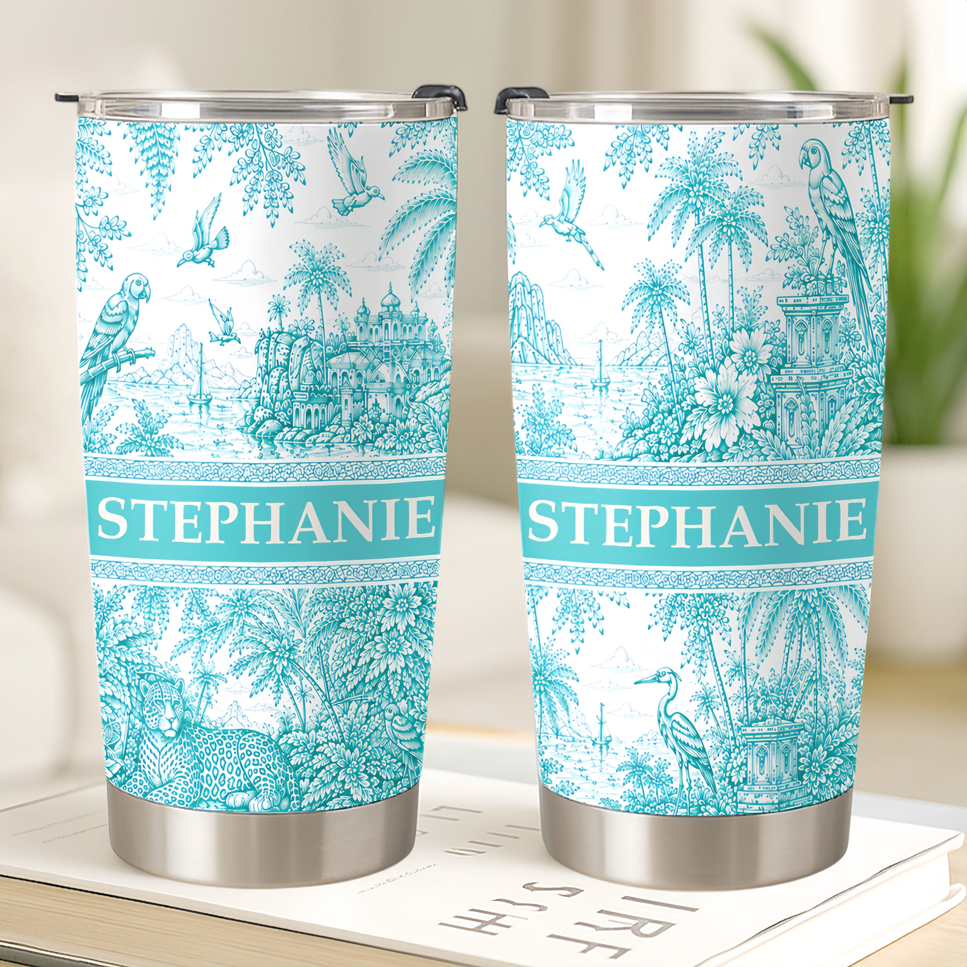 French Riviera Collection & Toile De Jouy Pattern Aquamarina - Personalized Travellling Tumbler Cup-Myprintsy
