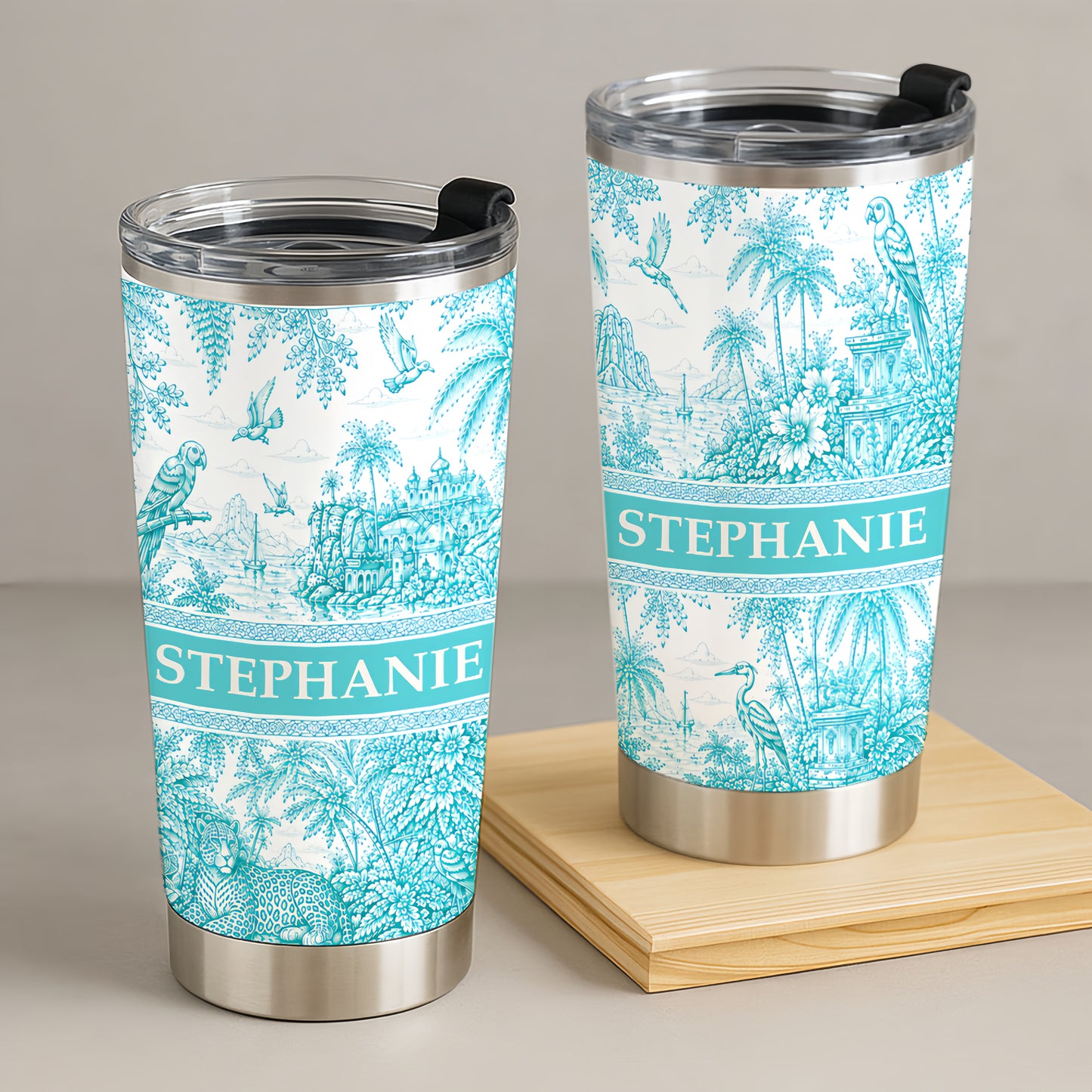 French Riviera Collection & Toile De Jouy Pattern Aquamarina - Personalized Travellling Tumbler Cup-Myprintsy