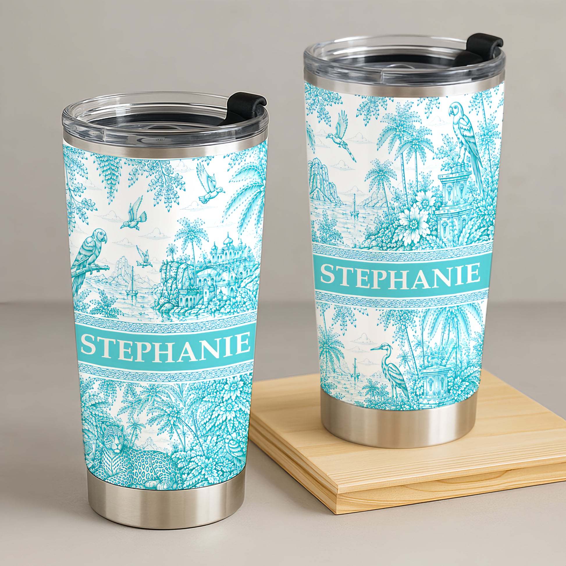 French Riviera Collection & Toile De Jouy Pattern Aquamarina - Personalized Travellling Tumbler Cup-Myprintsy