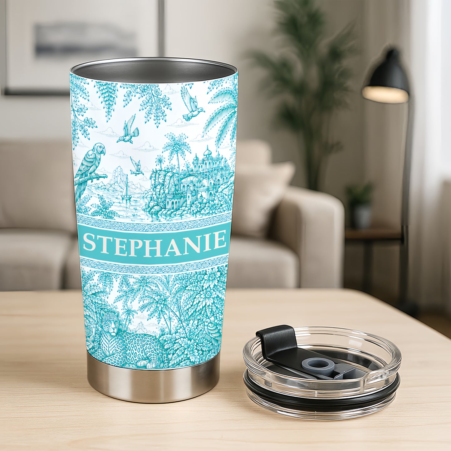 French Riviera Collection & Toile De Jouy Pattern Aquamarina - Personalized Travellling Tumbler Cup-Myprintsy
