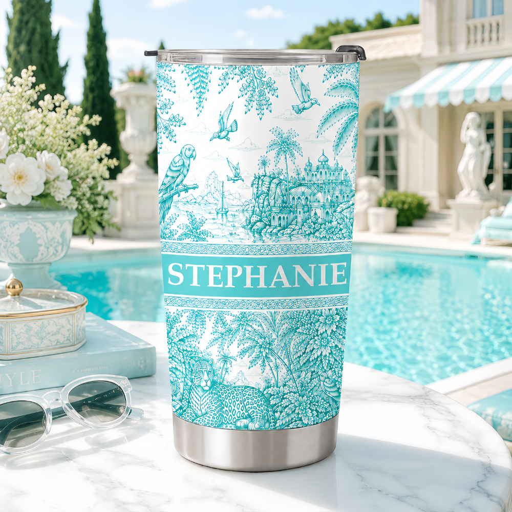 French Riviera Collection & Toile De Jouy Pattern Aquamarina - Personalized Travellling Tumbler Cup-Myprintsy