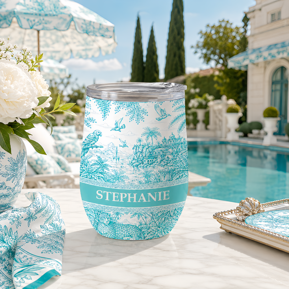 French Riviera Collection & Toile De Jouy Pattern Aquamarina - Personalized Wine Tumbler-Myprintsy
