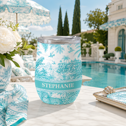 French Riviera Collection & Toile De Jouy Pattern Aquamarina - Personalized Wine Tumbler-Myprintsy