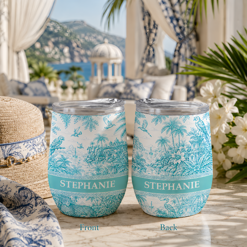 French Riviera Collection & Toile De Jouy Pattern Aquamarina - Personalized Wine Tumbler-Myprintsy