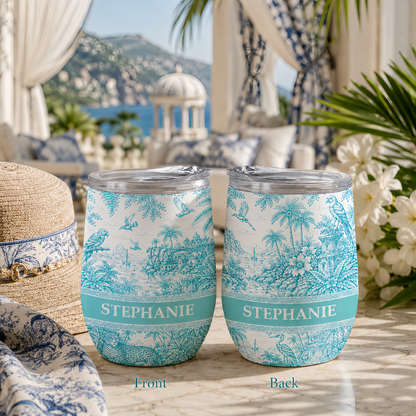 French Riviera Collection & Toile De Jouy Pattern Aquamarina - Personalized Wine Tumbler-Myprintsy
