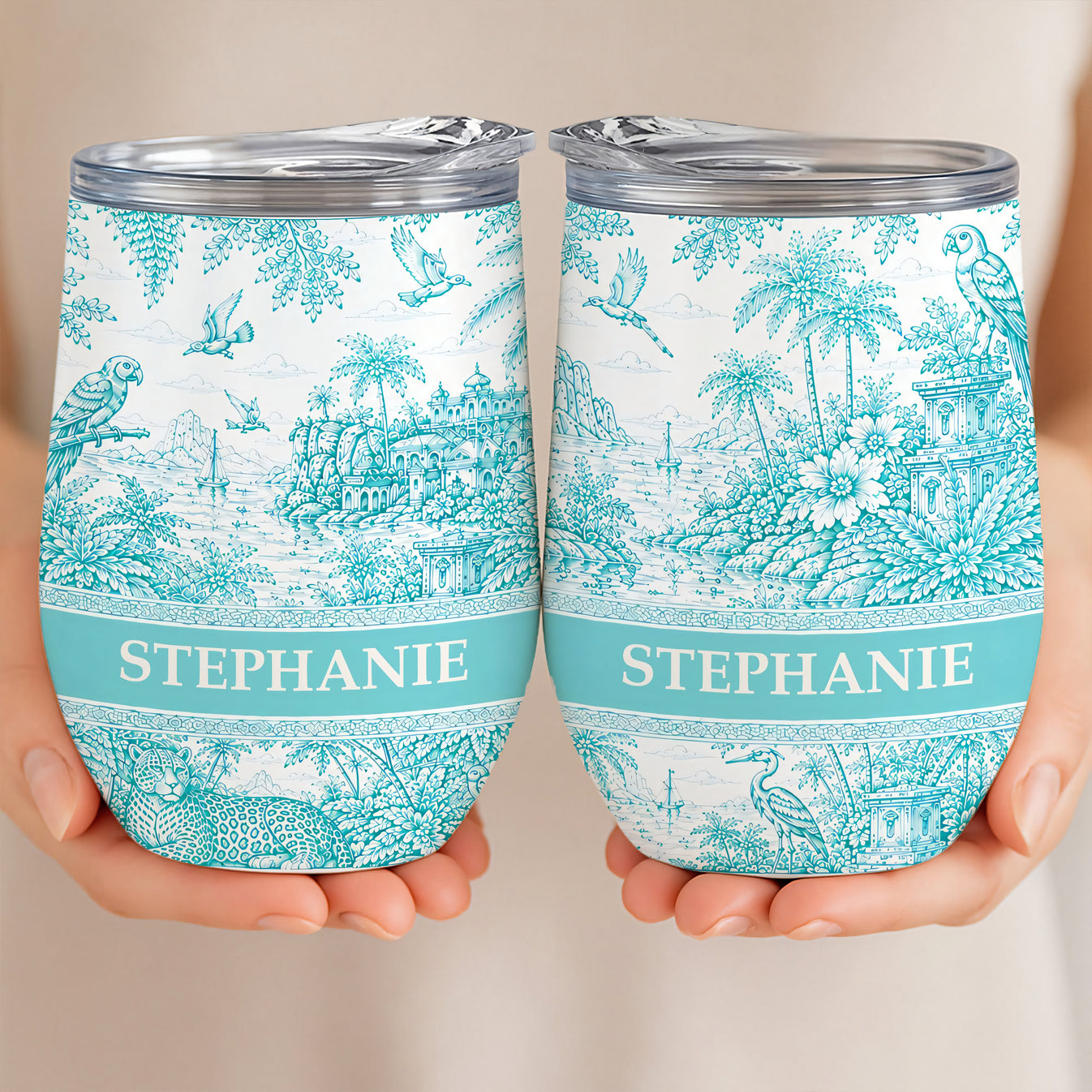 French Riviera Collection & Toile De Jouy Pattern Aquamarina - Personalized Wine Tumbler-Myprintsy