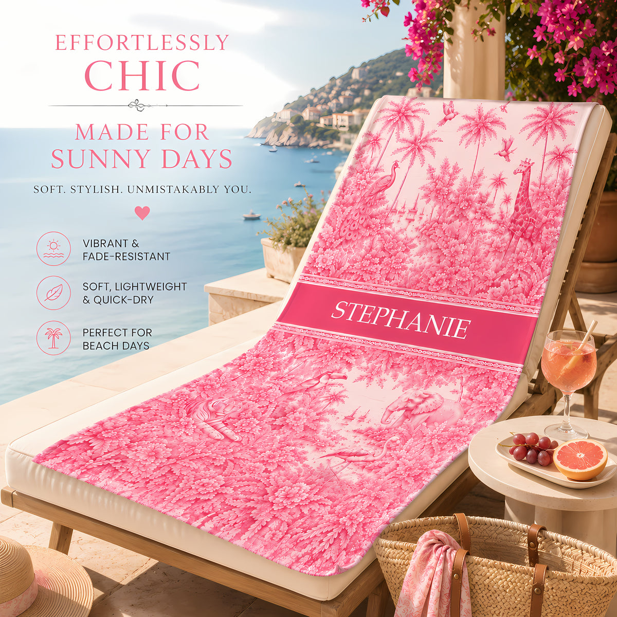 French Riviera Collection & Toile De Jouy Pattern Rose - Personalized Beach Towel-Myprintsy