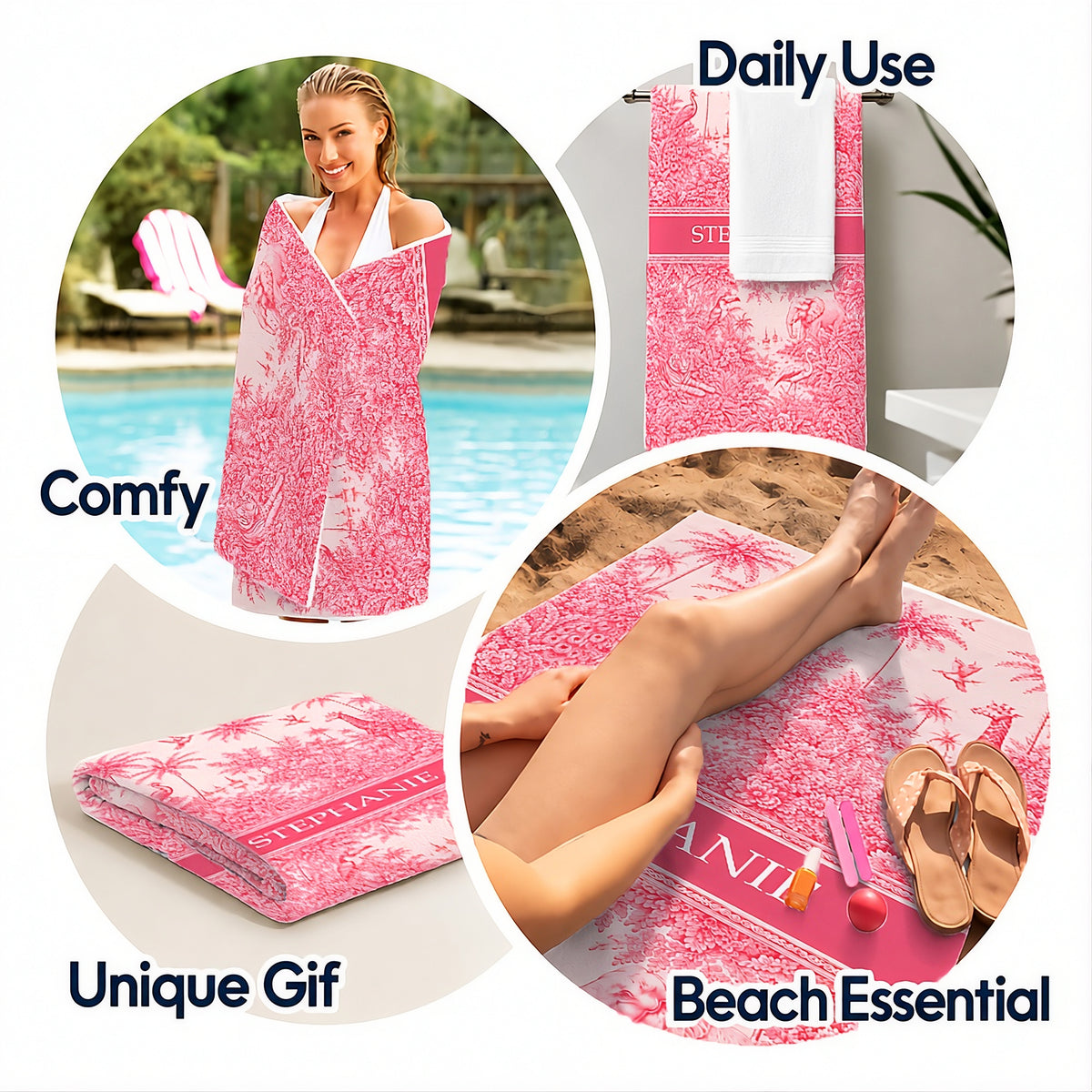 French Riviera Collection & Toile De Jouy Pattern Rose - Personalized Beach Towel-Myprintsy