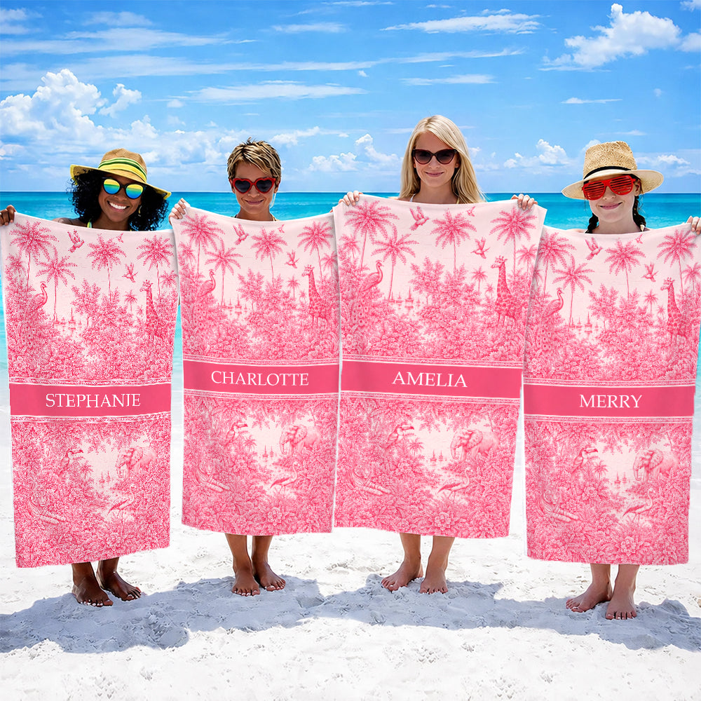 French Riviera Collection & Toile De Jouy Pattern Rose - Personalized Beach Towel-Myprintsy