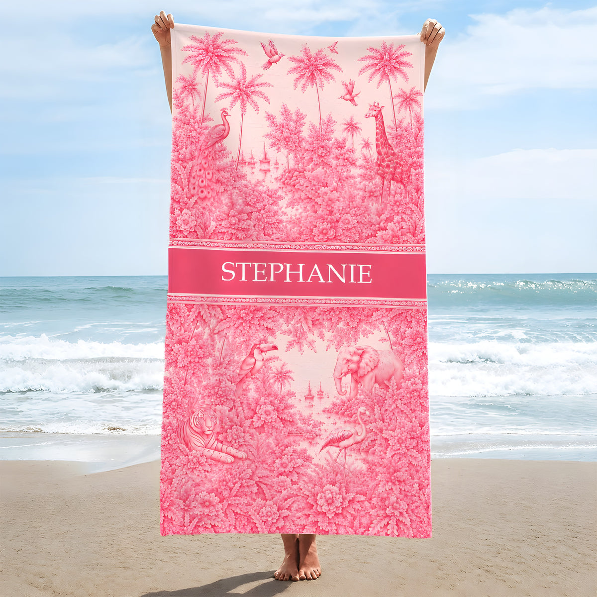 French Riviera Collection & Toile De Jouy Pattern Rose - Personalized Beach Towel-Myprintsy