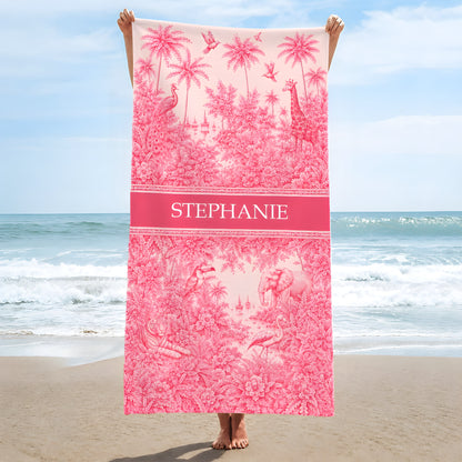 French Riviera Collection & Toile De Jouy Pattern Rose - Personalized Beach Towel-Myprintsy