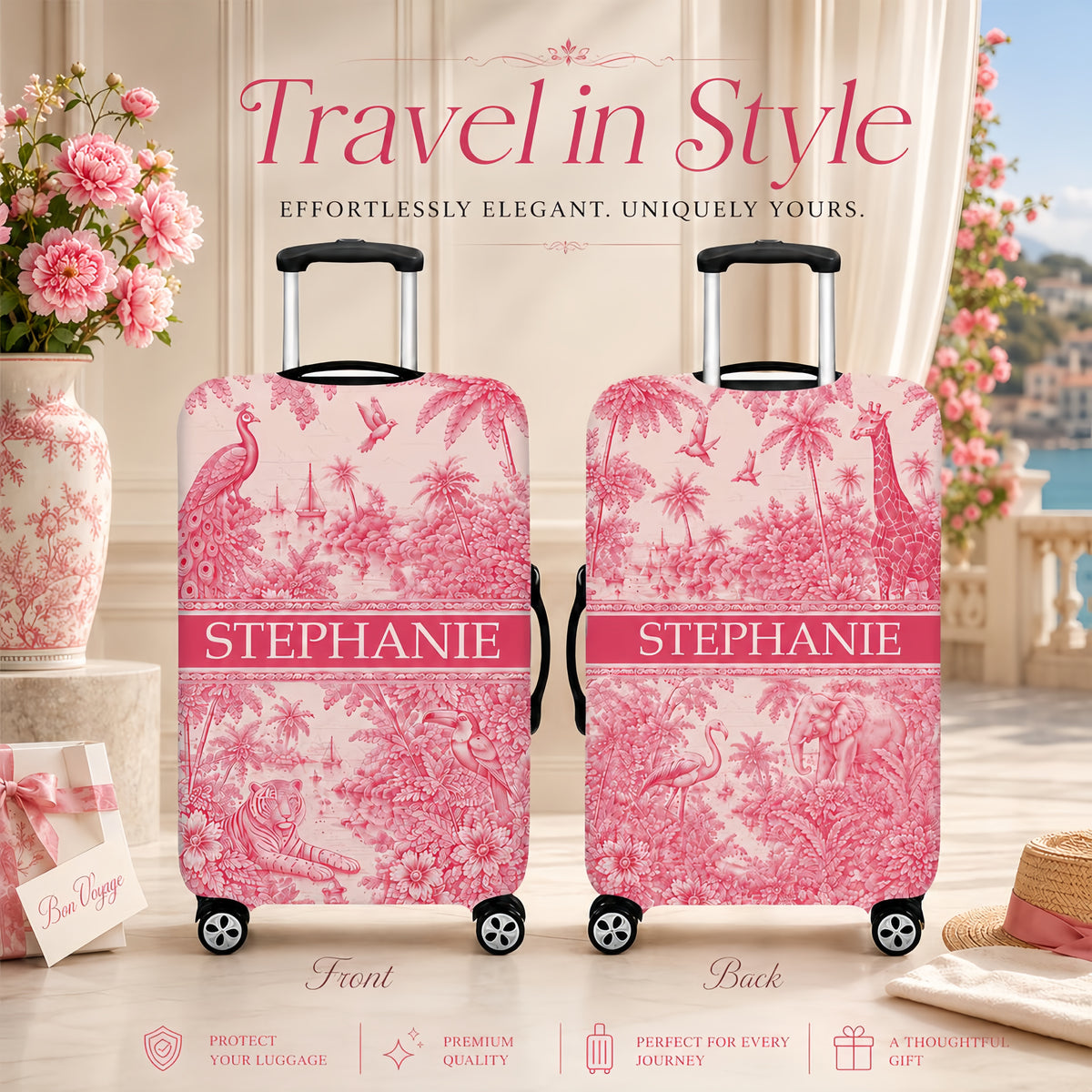 French Riviera Collection & Toile De Jouy Pattern Rose - Personalized Luggage Cover-Myprintsy
