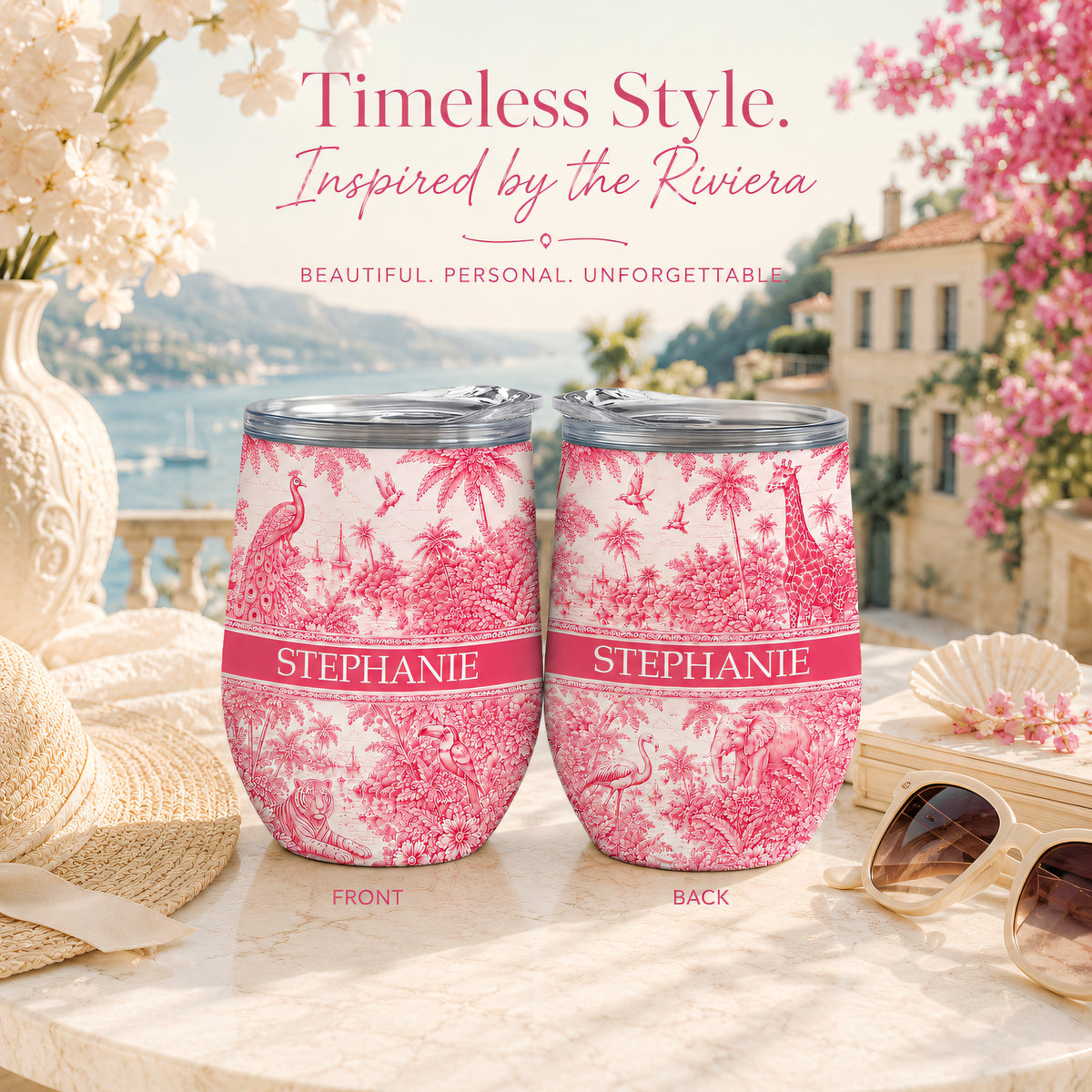 French Riviera Collection & Toile De Jouy Pattern Rose - Personalized Wine Tumbler-Myprintsy