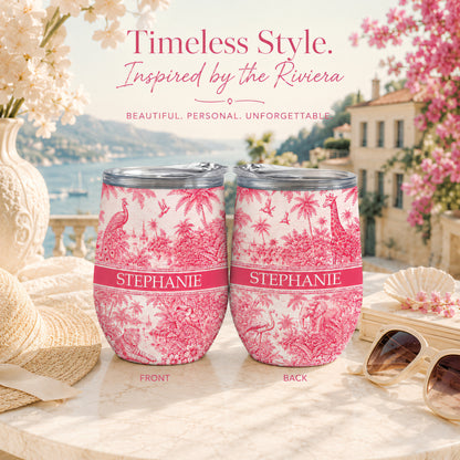 French Riviera Collection & Toile De Jouy Pattern Rose - Personalized Wine Tumbler-Myprintsy
