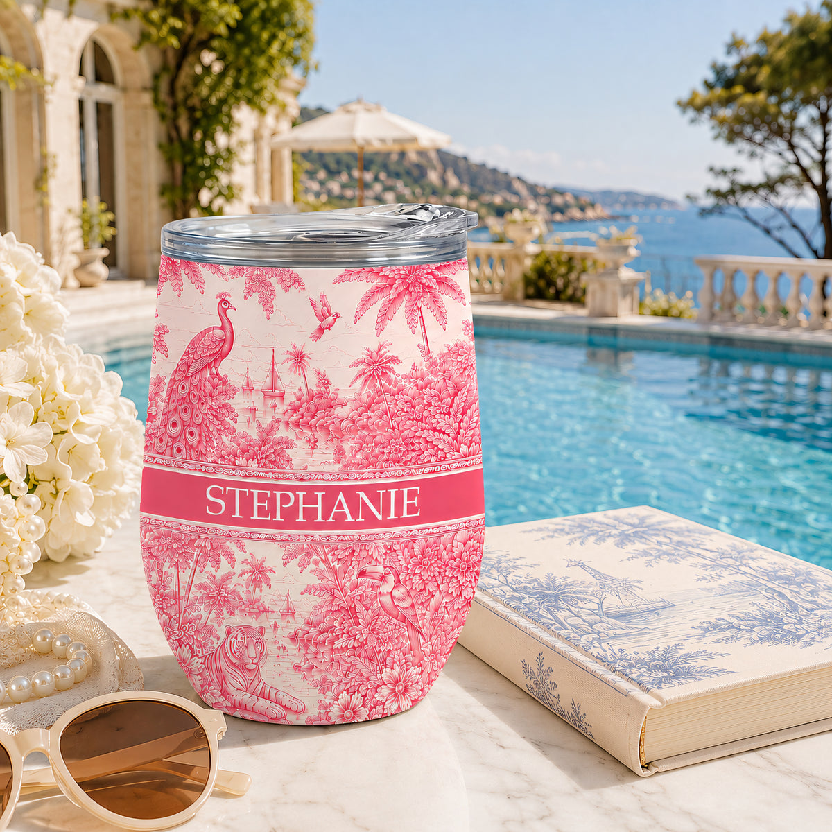 French Riviera Collection & Toile De Jouy Pattern Rose - Personalized Wine Tumbler-Myprintsy