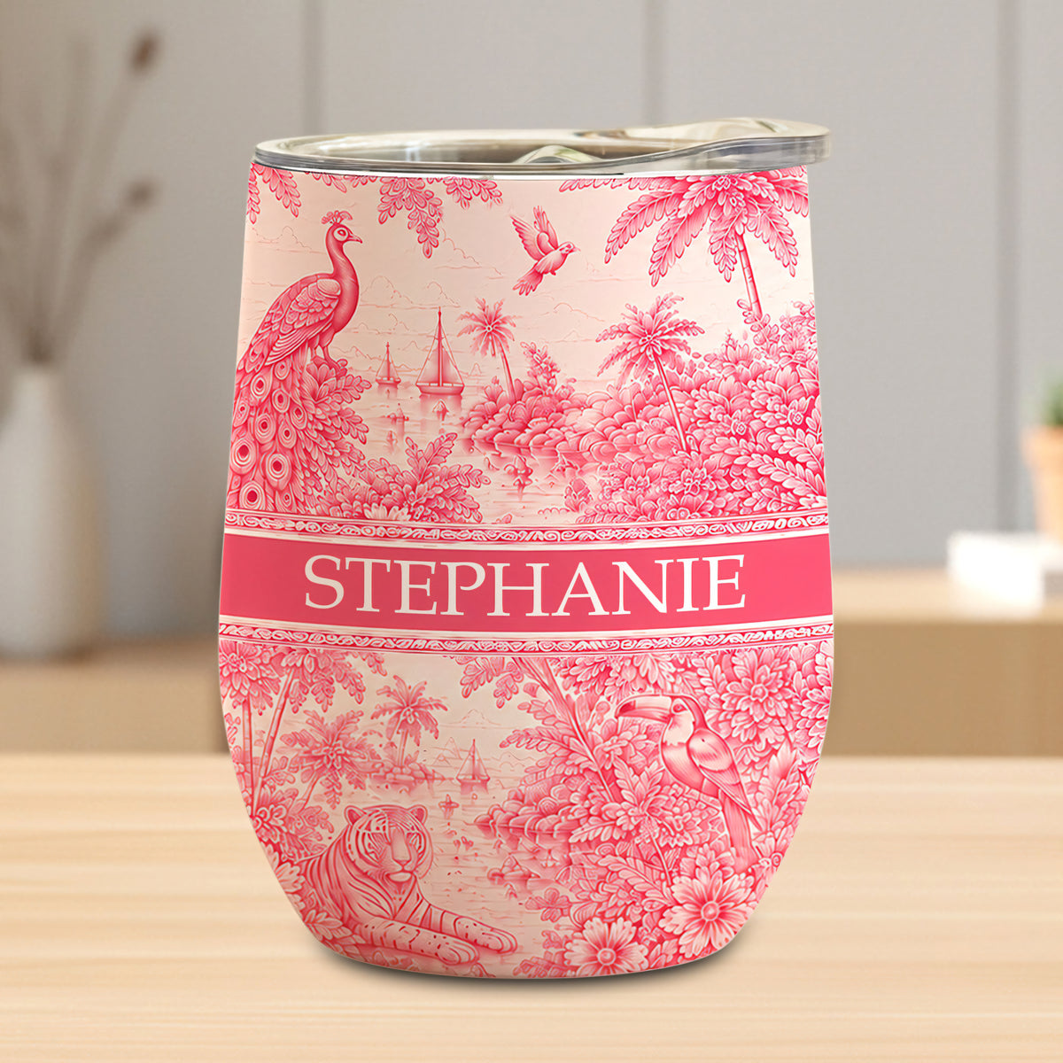 French Riviera Collection & Toile De Jouy Pattern Rose - Personalized Wine Tumbler-Myprintsy