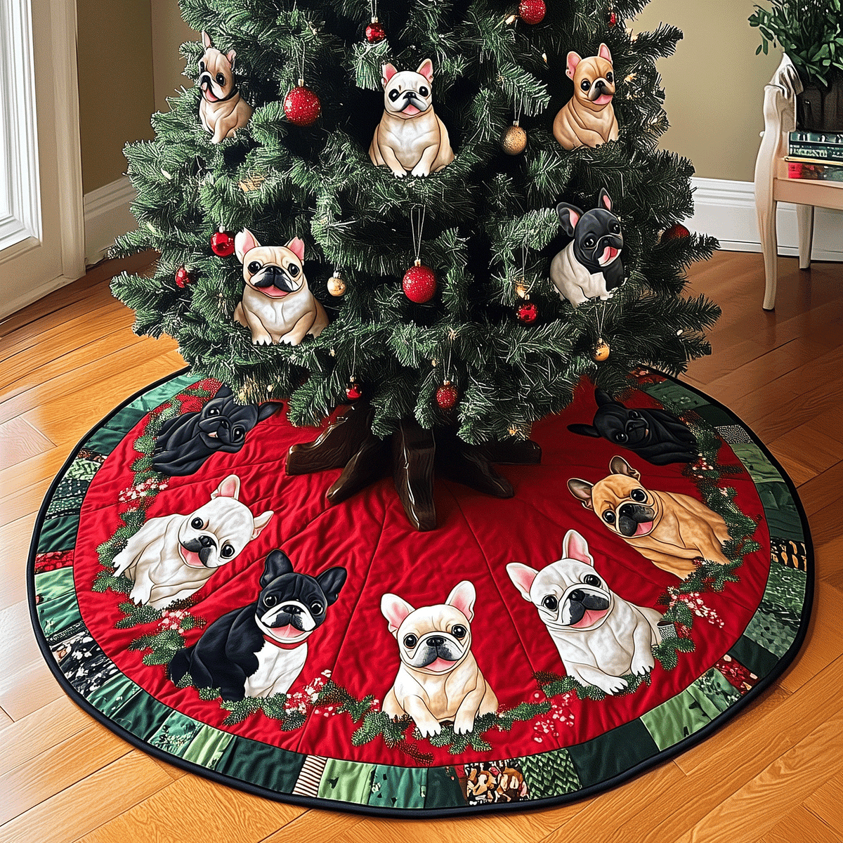 Frenchie Festive Fun Quilted Christmas Tree Skirt-Myprintsy