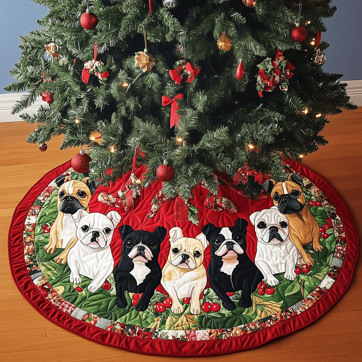 Frenchie Holiday Spirit Quilted Christmas Tree Skirt-Myprintsy