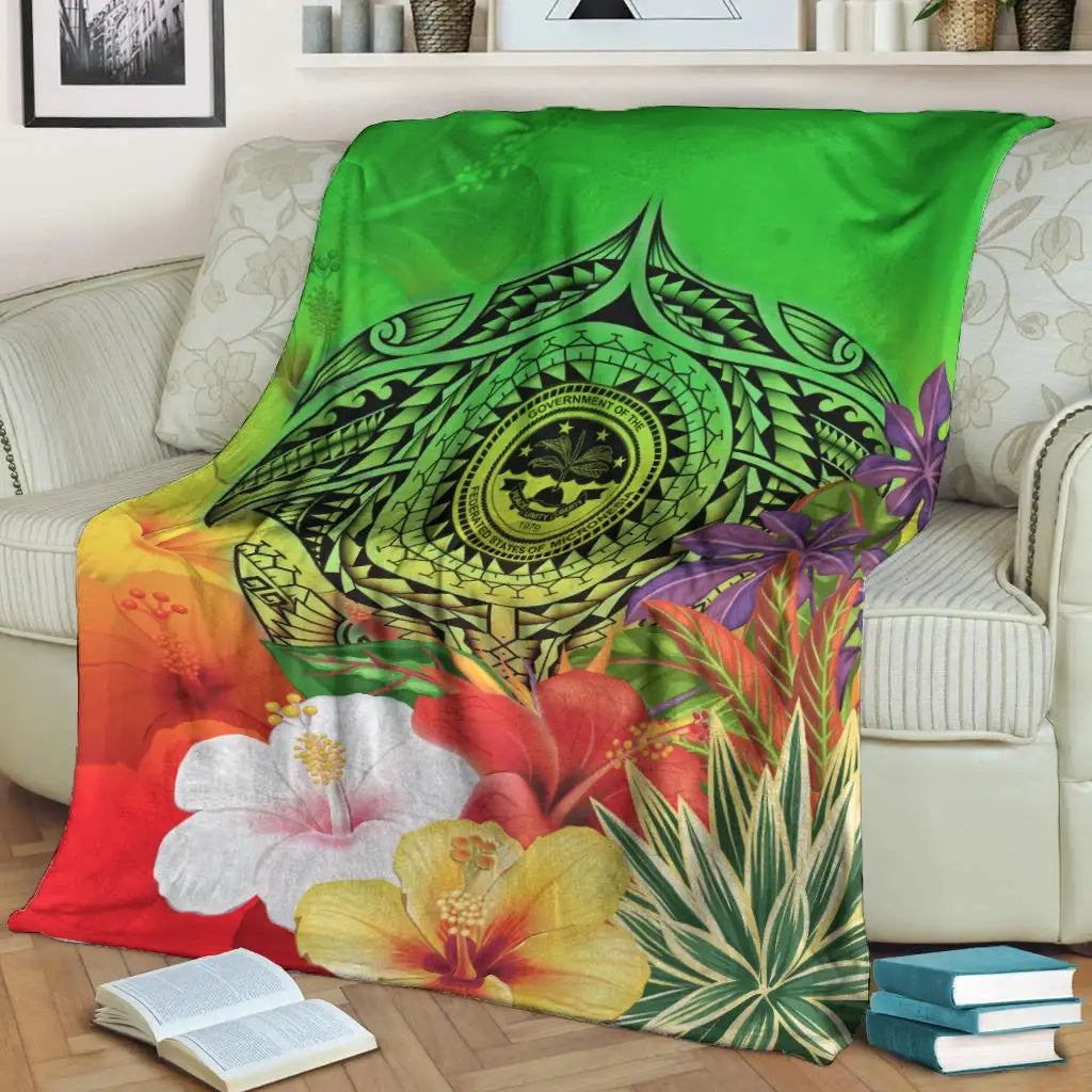 Fsm Polynesian Premium Blanket - Manta Ray Tropical Flowers (Green)-Myprintsy