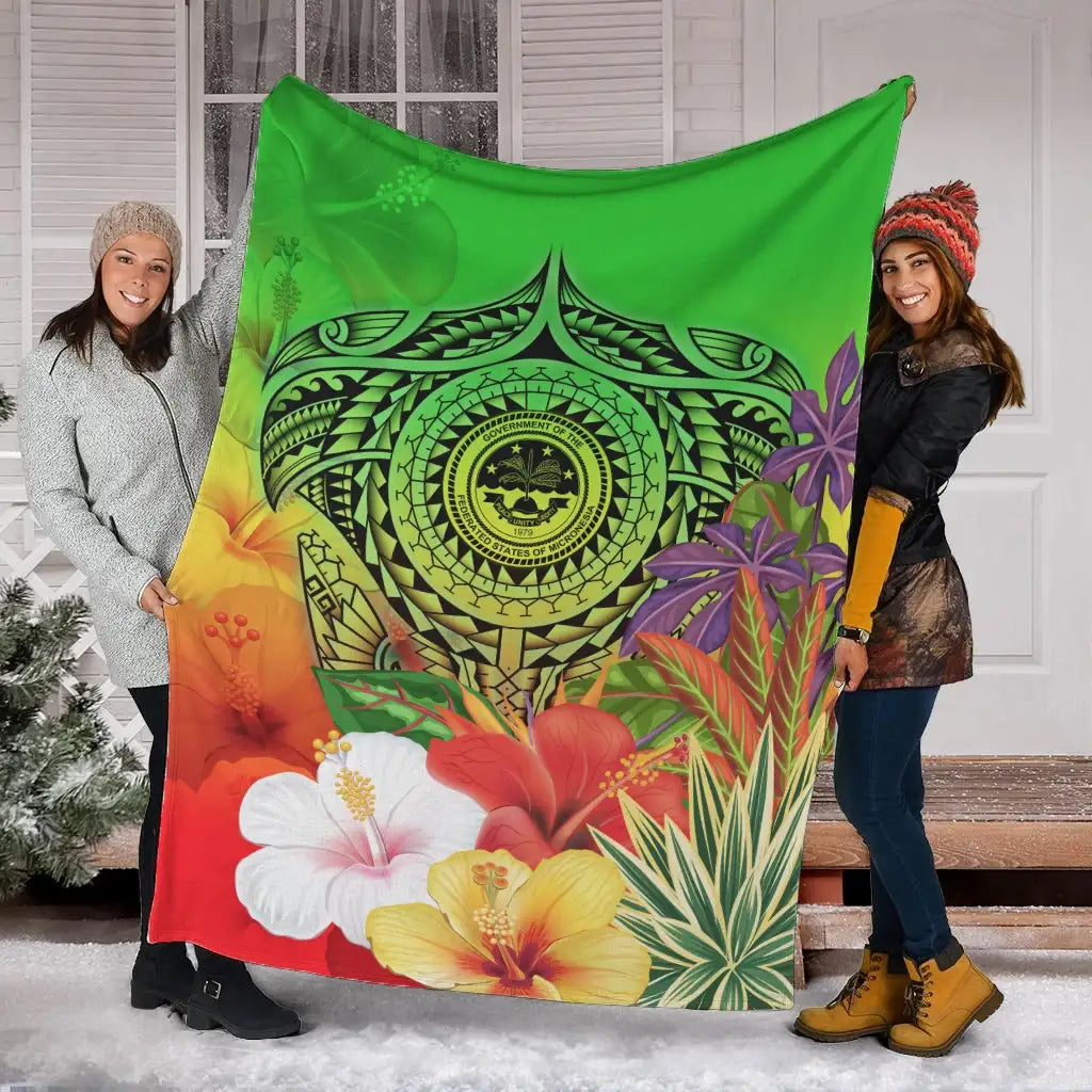 Fsm Polynesian Premium Blanket - Manta Ray Tropical Flowers (Green)-Myprintsy