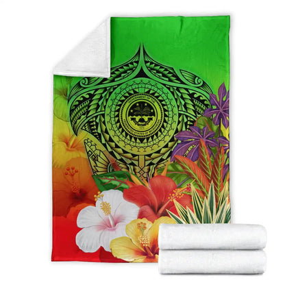 Fsm Polynesian Premium Blanket - Manta Ray Tropical Flowers (Green)-Myprintsy
