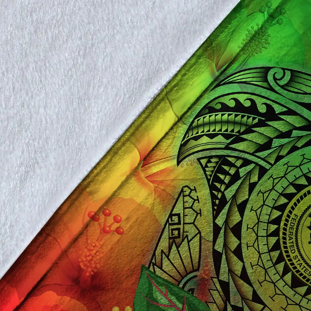 Fsm Polynesian Premium Blanket - Manta Ray Tropical Flowers (Green)-Myprintsy