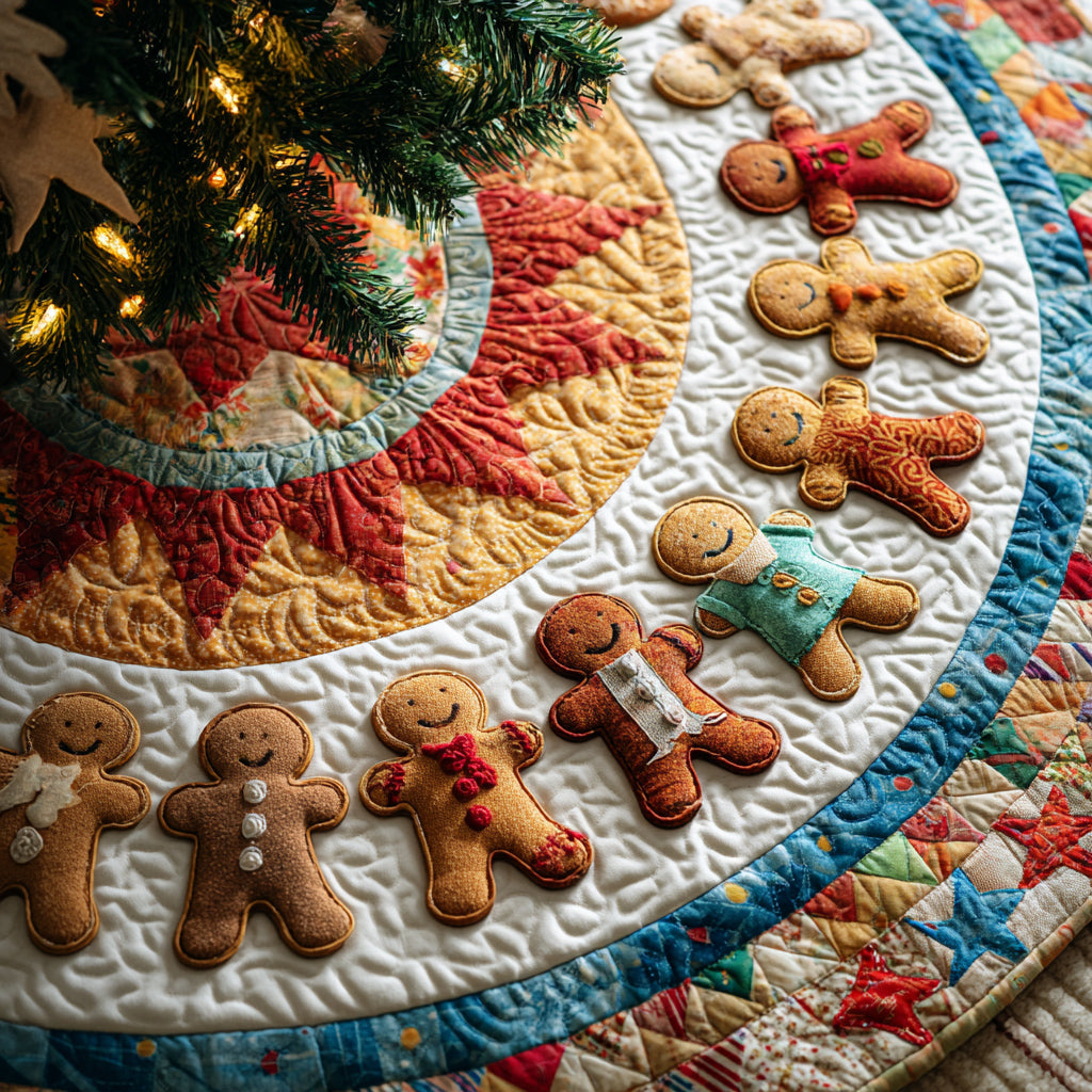 Gingerbread Man Candy Stripe Quilted Christmas Tree Skirt HH-Myprintsy