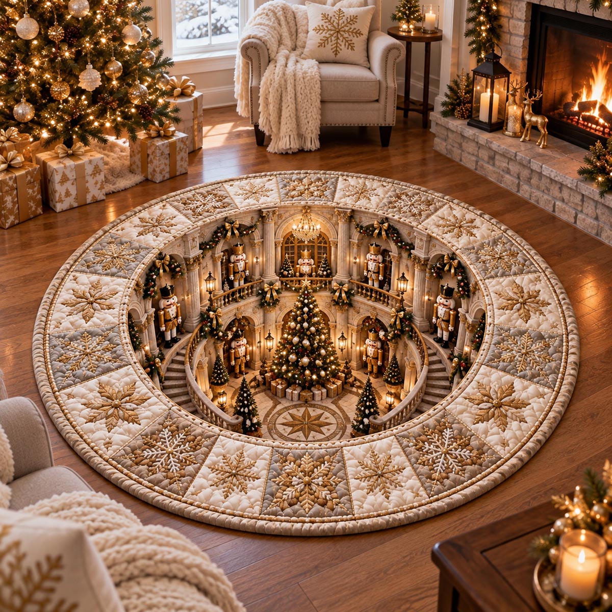 Golden Christmas Hall Quilted Round Mat VTQ-Myprintsy