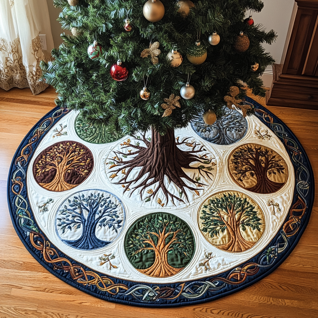 Golden Veins Christmas Quilted Tree Skirt-Myprintsy