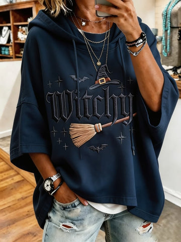 Gothic Witchy Lettering And Magic Broomstick - Halloween Witch Hoodie-Myprintsy