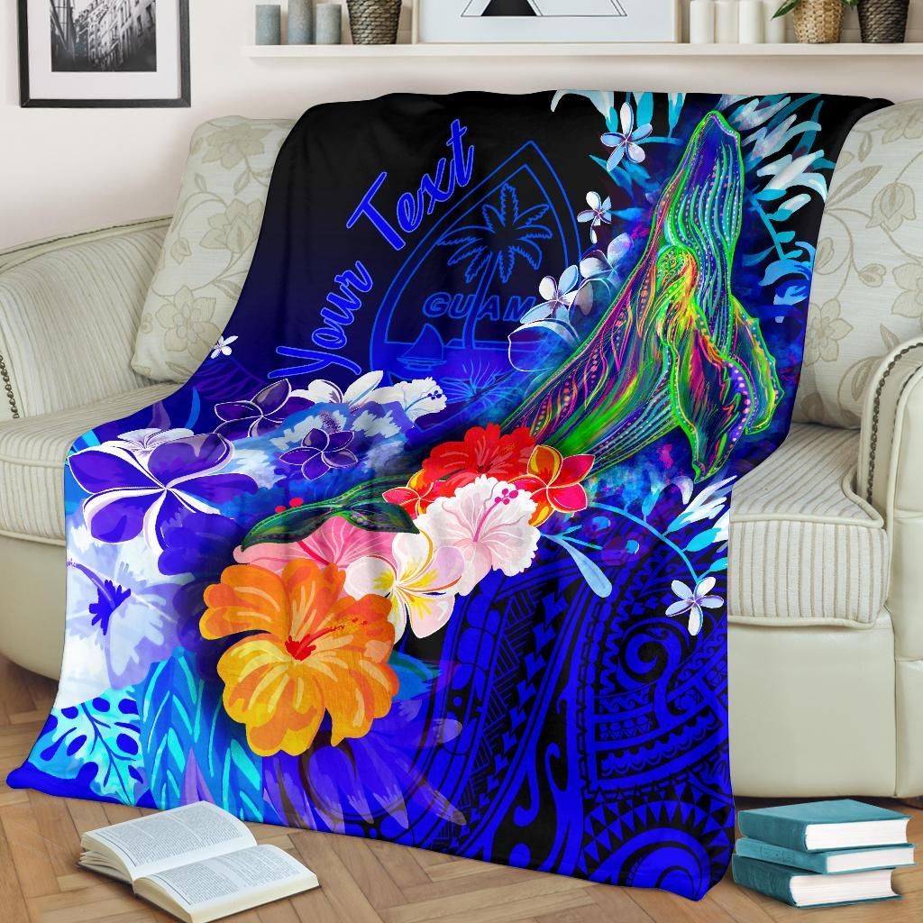 Guam Custom Personalised Premium Blanket- Humpback Whale with Tropical Flowers (Blue)-Myprintsy