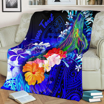 Guam Custom Personalised Premium Blanket- Humpback Whale with Tropical Flowers (Blue)-Myprintsy