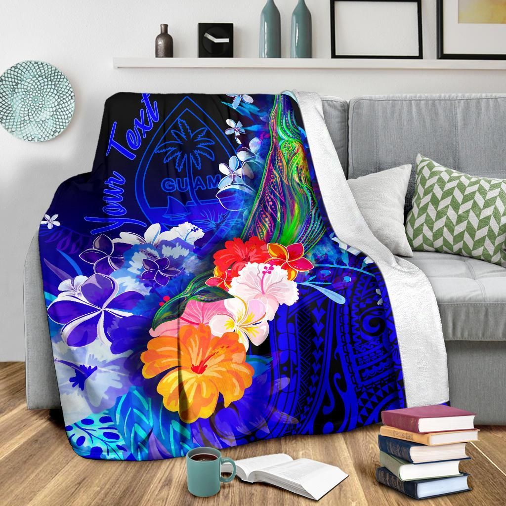 Guam Custom Personalised Premium Blanket- Humpback Whale with Tropical Flowers (Blue)-Myprintsy