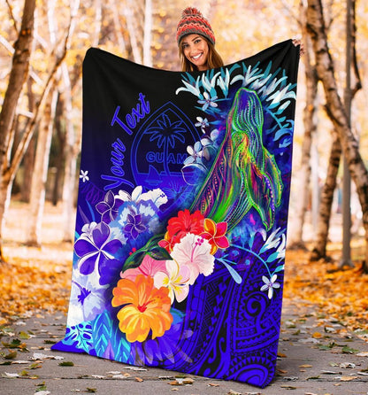 Guam Custom Personalised Premium Blanket- Humpback Whale with Tropical Flowers (Blue)-Myprintsy