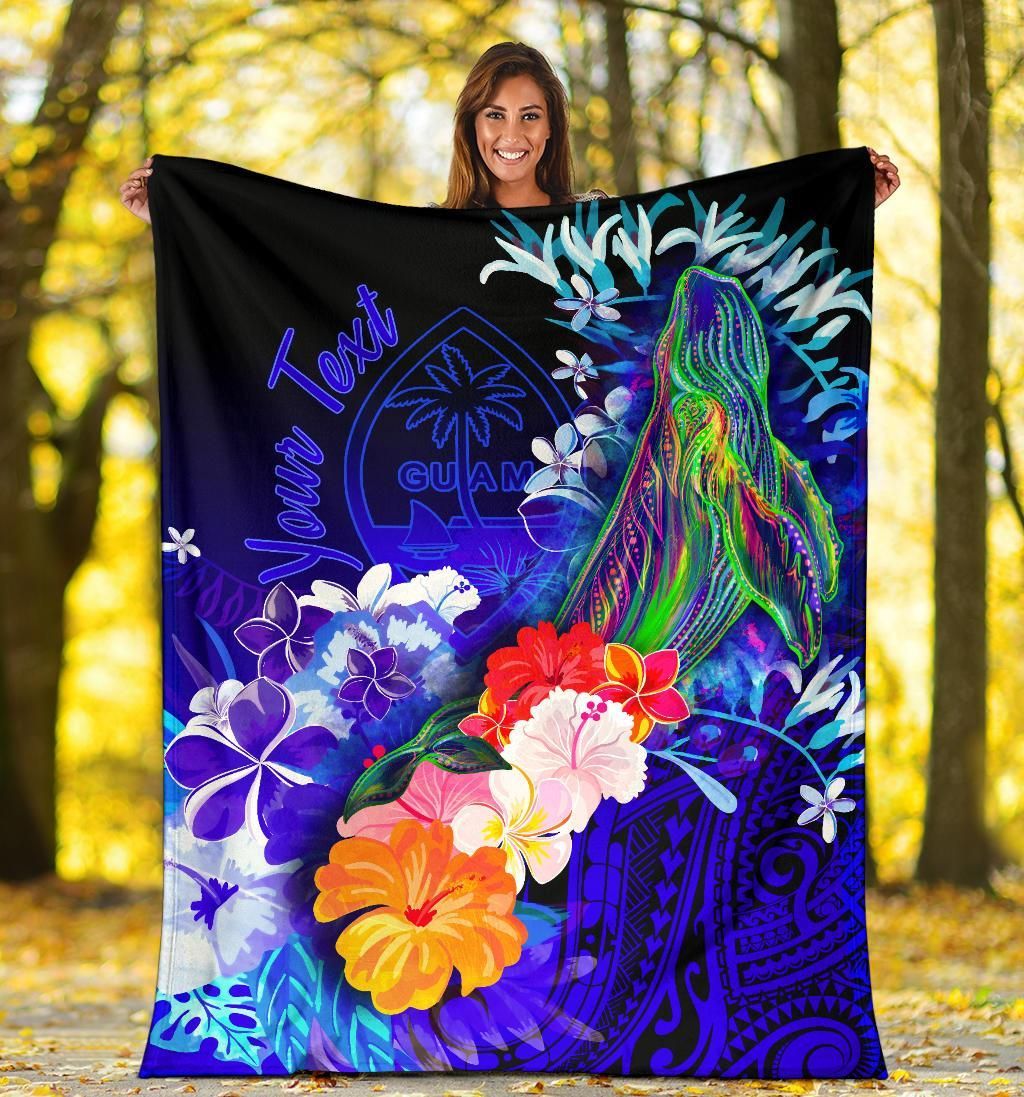 Guam Custom Personalised Premium Blanket- Humpback Whale with Tropical Flowers (Blue)-Myprintsy