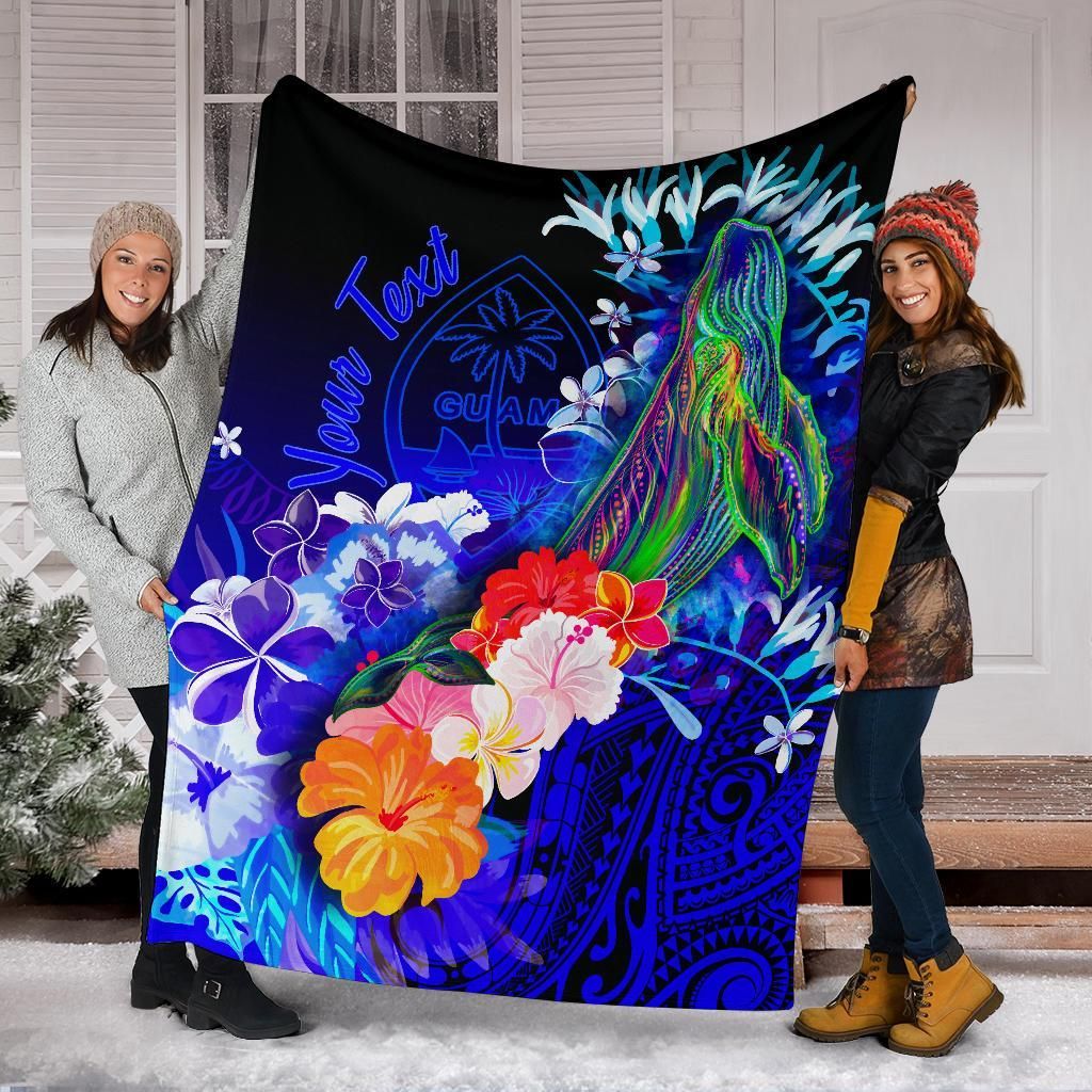 Guam Custom Personalised Premium Blanket- Humpback Whale with Tropical Flowers (Blue)-Myprintsy