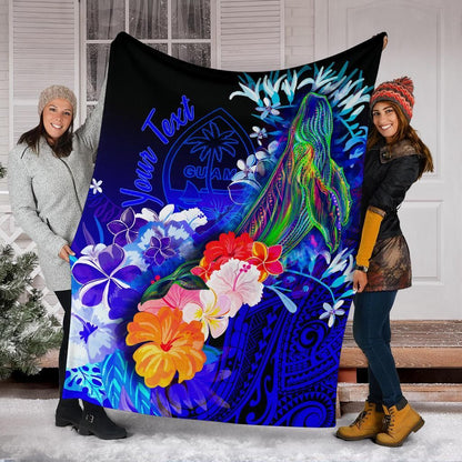 Guam Custom Personalised Premium Blanket- Humpback Whale with Tropical Flowers (Blue)-Myprintsy