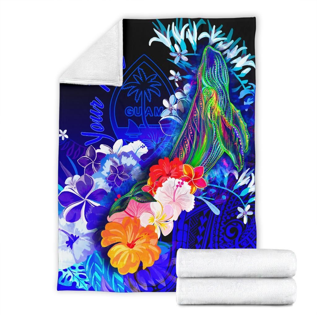 Guam Custom Personalised Premium Blanket- Humpback Whale with Tropical Flowers (Blue)-Myprintsy